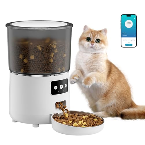 Trockenfutterspender für Katzen, automatisch, 4 l, WLAN, Trockenfutterspender für Katzen, 1-9 Mahlzeiten, Timer, mit Edelstahlnapf, Sprachaufnahme, für Katzen oder Hunde (weiß) von Oamger