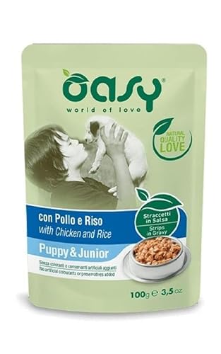 OASY STRACCETTI IN SALSA PUPPY e JUNIOR CON POLLO E RISO. 100GR von Oasy