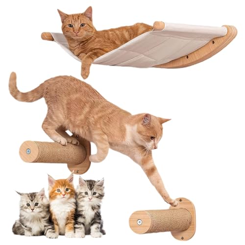 Katzenhängematte mit Katzenwandstufen, 3pcs/set kratzfestes Katzenwandregale, Raumspartraining Ruhige Katzenkletterregale für Home Innenwand von Obelunrp