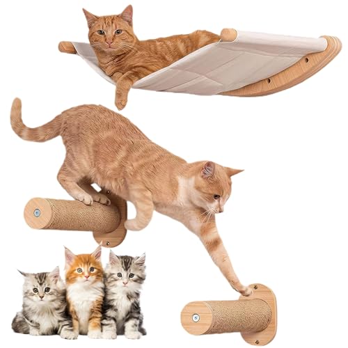 Obelunrp Katzenwandregale, 3PCS/Set Holzkatze Wandstufen mit Katzenhängematte, wandmontierte Katzentreppe, Kratzfeste Katzenkletterregale für Heimkatze Haus von Obelunrp