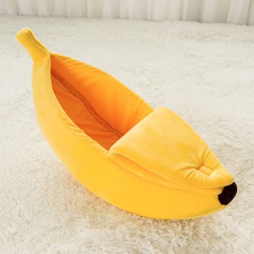 Obelunrp Bananen -Katzenbett, 55 cm/21,6 -Zoll -Plüsch -Bananen -Katze mit Deckel, weiches warmes Katkkuddelbett, niedliches Haustierhaus für Innenkatzen kleine Hunde von Obelunrp