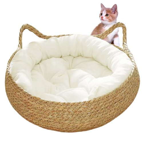 Obelunrp Katzenkorbbett, 15-Zoll-Strohkatzennest mit weichem Kissen, runde Kratzfeste Katzenbetten für Innenkatzen, Kätzchenbetten für Innenkätzchen von Obelunrp