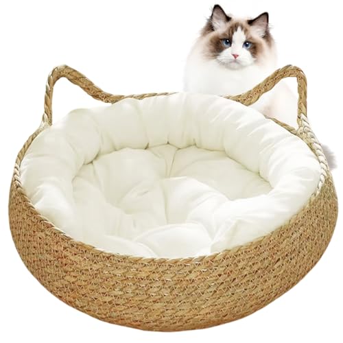 Obelunrp Katzenkorbbett, 15-Zoll-runde Katzenschlafbett mit weichem Kissen, kratzfestes Korbkatzebett, Faltbarer Katzenbettkorb für Kätzchenkatzen von Obelunrp