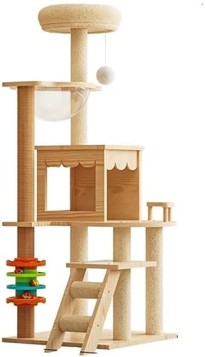 Katzenbaum, moderner Katzenbaum für Indoor-Katzen, 147,3 cm hoch, hölzerne Höhle mit Hängematte, Kratzbaum und Spielzeug für große Katzen, Haustierheim (Modern-B36+) von Oceskyha