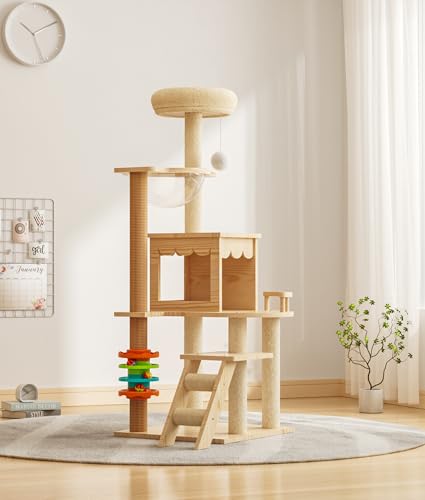 Katzenbaum, moderner Katzenbaum für Indoor-Katzen, 147,3 cm hoch, hölzerne Höhle mit Hängematte, Kratzbaum und Spielzeug für große Katzen, Haustierheim (Modern-B36+) von Oceskyha