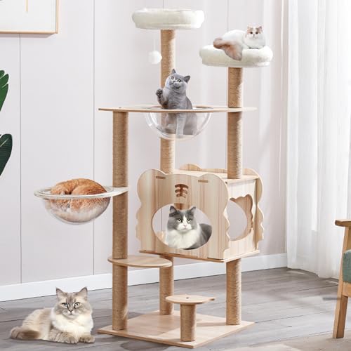 Kratzbaum, moderner Katzenbaum für Indoor-Katzen, 137,2 cm hoch, hölzerne Höhle mit Hängematte, Kratzbaum und Spielzeug für große Katzen, Haustierheim (verbessertes B6+) von Oceskyha