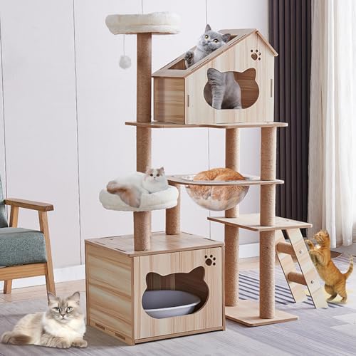 Moderner Katzenbaum Turm, Katzenturm Sisalüberzogene Kratzbäume für Indoor-Katzen, Holz Katzenbaum für große Katzen, mehrstufige Katzenhütte mit Weltraumkapselnest Hängematte, Katzenmöbel von Oceskyha