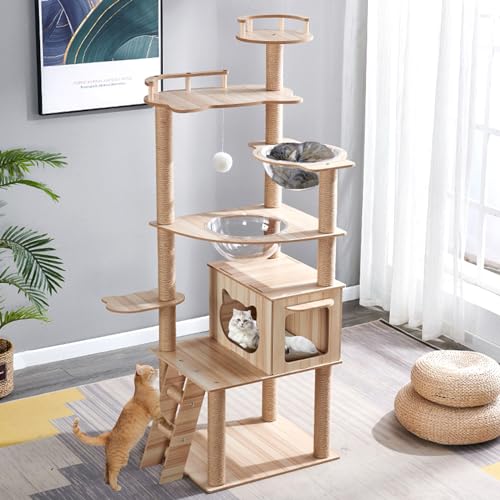 Oceskyha Kratzbaum, moderner Katzenbaum für Indoor-Katzen, 170,2 cm hoch, dichtes Brett, mit Hängematte, Kratzbaum und Spielzeug für kleine und große Katzen, natürliche Farbe 12 von Oceskyha