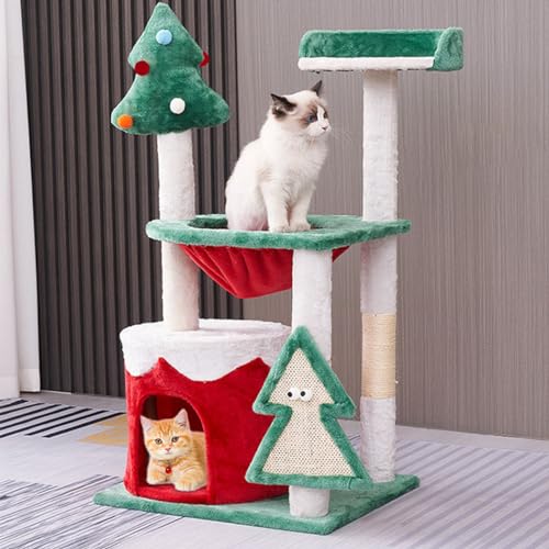 Oceskyha Weihnachtskatzenbaum, mehrstufiger Katzenturm mit Katzenhöhlen, Sitzstangen, Sisalrampe, Kratzbäume, gemütlicher Korb, Hängematten, große Katzen-Aktivitätsstruktur von Oceskyha