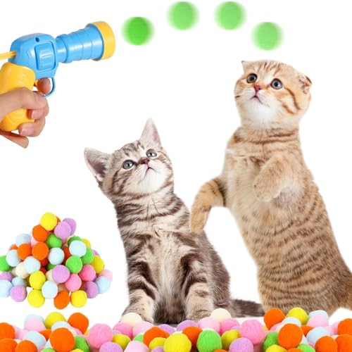 Ockyunoo Katzenspielzeug Interaktives Launch-Training, Cat Toy Ball Launcher mit 100 Plüschbällen, Interaktives Katzen Spielzeug, Geräuschloser Stretch-Plüschball-Spielzeug, für Katzen Indoor von Ockyunoo