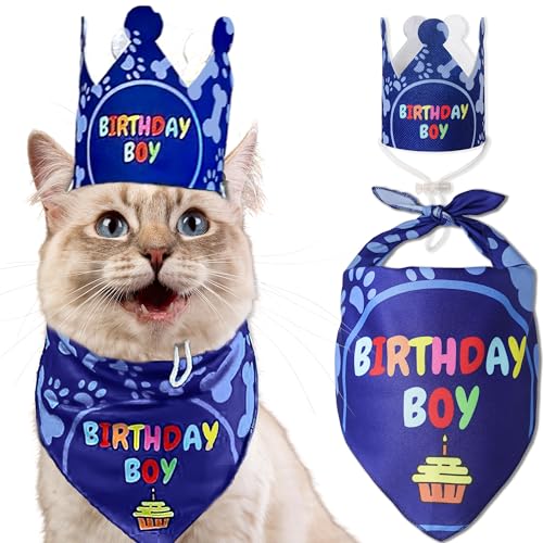 Katzengeburtstagsdekorationen – Katzengeburtstagshut, Krone und Katze Geburtstag Bandana Junge, Kätzchen, Katze Geburtstagsgeschenk, Outfit, Happy Cat Party Dekor, Katzenprodukte, Blau von Odi Style