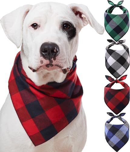 Odi Style Buffalo Plaid Hundehalstücher – 4er-Pack Bandana für extra große Hunde, Taschentücher, Schals, Dreieck-Lätzchen, Zubehör Welpen, Haustiere, Schwarz und Weiß, Rot, Grün, Blau Marineblau von Odi Style