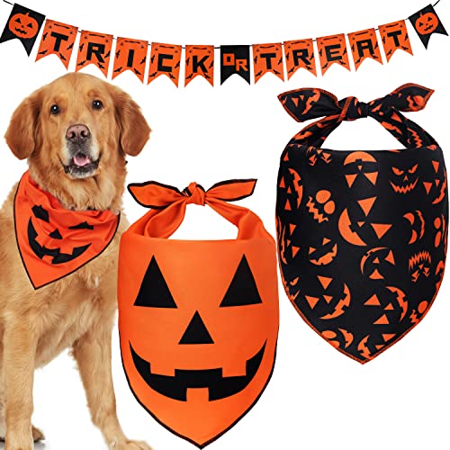 Odi Style Halloween Hundehalstücher mit Trick or Treat Schild,2 Pack, Jack O' Lantern bedruckte Hunde-Halloween-Kostüme, Herbst-Bandanas für kleine, mittelgroße und große Hunde von Odi Style