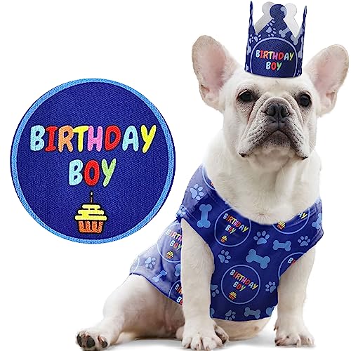 Odi Style Hunde-Geburtstags-Outfit – Hunde-Geburtstagsparty-Zubehör – Hundeparty-Hut, Krone und niedliches Hunde-Geburtstagsshirt mit Geburtstags-Jungen-Schild, dehnbar, Größe XS von Odi Style