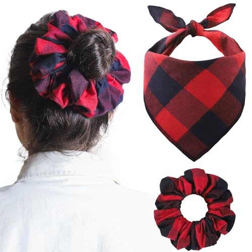 Passende Hunde- und Besitzerkleidung – Buffalo Plaid Hundehalstücher & passendes Haargummi-Set, Welpen-Halstuch, Halstuch für kleine, mittelgroße und große Hunde mit Hundemam-Outfit-Zubehör, rotes von Odi Style