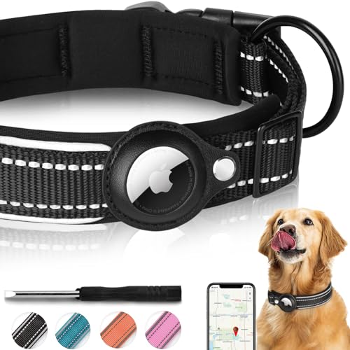 AirTag Hundehalsband, reflektierendes Apple Air-Tag-Hundehalsband, gepolsterte Hundehalsbänder mit AirTag-Halterung, verstellbares Airtag-Haustierhalsband für kleine, mittelgroße und große Hunde, L von Odokele