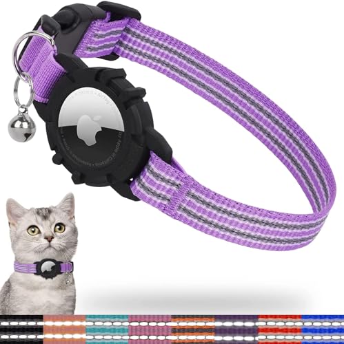 Reflektierendes AirTag Katzenhalsband, Integriertes Kätzchenhalsband mit Apple Air-Tag-Halter, leichte Katzen-Tracker-Halsbänder mit Glocke, passend für Mädchen, Jungen, Kätzchen und Welpen (Lila, S) von Odokele