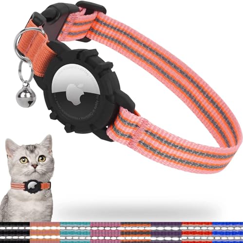 Reflektierendes AirTag Katzenhalsband, integriertes Kätzchenhalsband mit Apple Air-Tag-Halter, leichte Katzen-Tracker-Halsbänder mit Glocke, passend für Mädchen, Jungen, Kätzchen und Welpen (Koralle, von Odokele