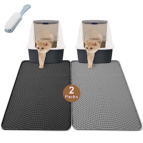 Odoland Katzenklo Matte 2 Stück, 53 x 38 cm Silikon Katzenstreu Matte Wasserdichte Cat Litter Mat, Matte Katzenklo Unterleger mit Bürste - Grau & Schwarz von Odoland