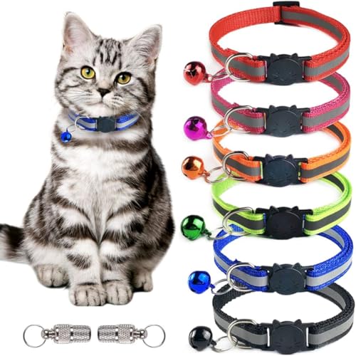 Katzenhalsband mit Glöckchen, 6 reflektierende Katzenhalsbänder mit 2 Anti-Verlust-Namensschildern, verstellbarer Riemen, Schnellverschluss, Kätzchenhalsband mit Glöckchen für drinnen und draußen, von Oerphh