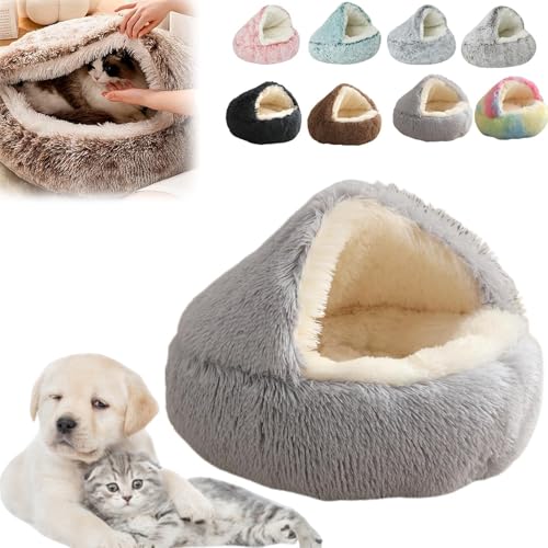 Oforest 2024 New Fauven Calming Seashell Bed, Fauven Cat Bed, Lapcatz Nest Bed, Cozy Cocoon Dog Bed, Calming Dog Beds & Cat Cave Bed with Hooded Cover for Small Medium Pets (Light Gray, 40cm) von Oforest