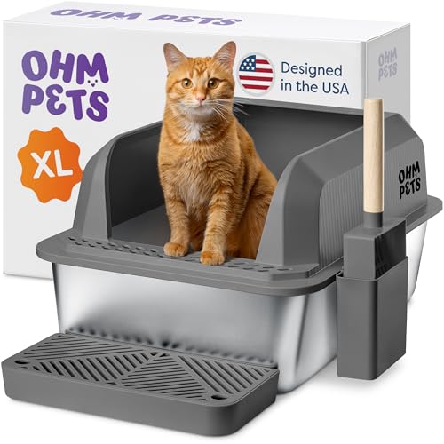 OHM Pets XL Katzentoilette Edelstahl - 20L Antihaft Extra Große Edelstahl Katzentoilette, Rostfreie Metall Kitty Katzentoilette, Anti-Leck Metall Katzentoilette Hohe Seiten mit Schaufel & Tablett, von Ohm Earth