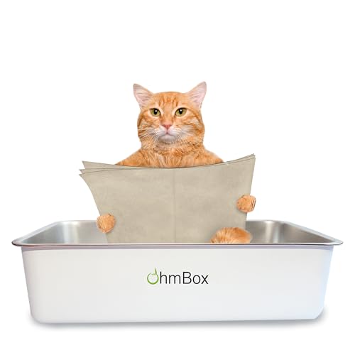 Ohm Earth 's OhmBox Katzentoilette, Edelstahl, extra groß (59,7 x 39,4 x 15,5 cm), nimmt Keine Gerüche/Flecken/Roste auf, antihaftbeschichtete Glatte Oberfläche, einfache Reinigung + rutschfeste von Ohm Earth