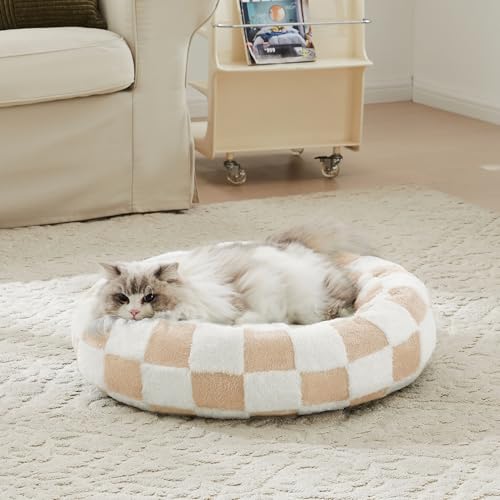 Ohocut Kariertes Hundebett, niedliches Beige-Khaki-Retro-Stil, ästhetisch, rund, wärmend, beruhigendes Bett für kleine Hunde und Katzen, Plüsch, gemütlich, Donut-Hundebetten, waschbar, 58,4 x 58,4 x von Ohocut