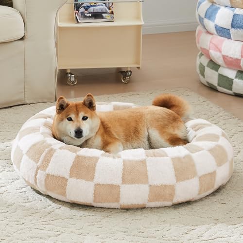 Ohocut Kariertes Hundebett, niedliches Beige-Khaki-Retro-Stil, ästhetisch, rund, wärmend, beruhigendes Bett für kleine Hunde und Katzen, Plüsch, gemütlich, Donut-Hundebetten, waschbar, 76,2 x 76,2 x von Ohocut