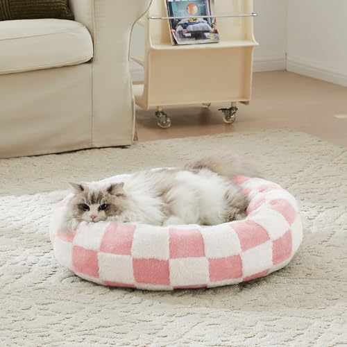 Ohocut Kariertes Hundebett, niedliches mädchenhaftes rosa Retro-Stil, ästhetisch, rund, wärmend, beruhigendes Bett für kleine Hunde und Katzen, Plüsch, kuschelig, Donut-Hundebetten, waschbar, 58,4 x von Ohocut