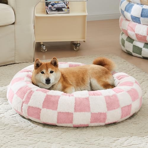 Ohocut Kariertes Hundebett, niedliches mädchenhaftes rosa Retro-Stil, ästhetisch, rund, wärmend, beruhigendes Bett für kleine Hunde und Katzen, Plüsch, kuschelig, Donut-Hundebetten, waschbar, 76,2 x von Ohocut