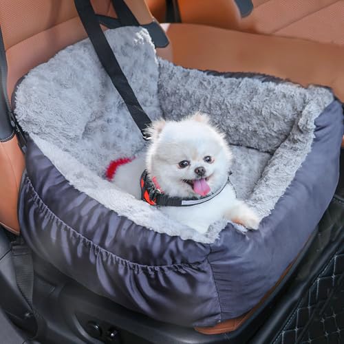 Oiilores Hunde-Autositz für kleine Hunde, waschbare Haustier-Booster-Autositze mit Clip-On-Sicherheitsleine, bequemer Deluxe-Plüsch-Autositz mit Aufbewahrungstaschen, Welpenauto-Tragetasche, Bett für von Oiilores