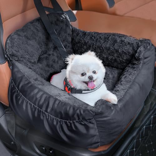 Oiilores Hunde-Autositz für kleine Hunde, waschbare Haustier-Booster-Autositze mit Clip-On-Sicherheitsleine, bequemer Deluxe-Plüsch-Autositz mit Aufbewahrungstaschen, Welpenauto-Tragetasche, Bett für von Oiilores