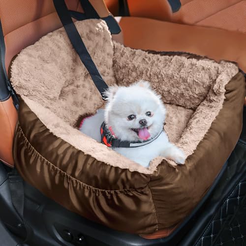 Oiilores Hunde-Autositz für kleine Hunde, waschbare Haustier-Sitzerhöhung mit Clip-On-Sicherheitsleine, bequemer Deluxe-Plüsch-Autositz mit Aufbewahrungstaschen, Welpenauto-Tragetasche, Bett für Hunde von Oiilores