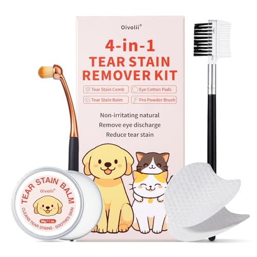 Oivolii 4 in 1 Tränenfleckenentferner Kit für Hunde & Katzen - Inklusive Tränenfleckenbalsam, Tränenfleckenkamm, Pro Puderbürste, Augenwattepads - Augenpflege für sanfte Entfernung von Tränenflecken von Oivolii