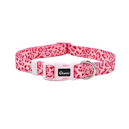 Olahibi Basic Hundehalsband, Leopardenmuster, weiches und strapazierfähiges Polyester-Material, verstellbare Länge, für mittelgroße Hunde (Größe M, rosa Leopard) von Olahibi