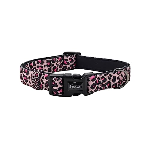 Olahibi Basic Hundehalsband, Polyester-Gurtband, gepolstert mit weichem Neopren, Leopardenmuster, für mittelgroße Hunde (Größe M, bunter Leopardenmuster) von Olahibi