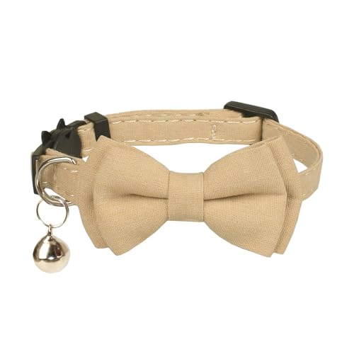 Olahibi Breakaway-Katzenhalsband, abnehmbare Fliege, klare Glocke, sichere Öffnung, Schnellverschluss (Beige) von Olahibi