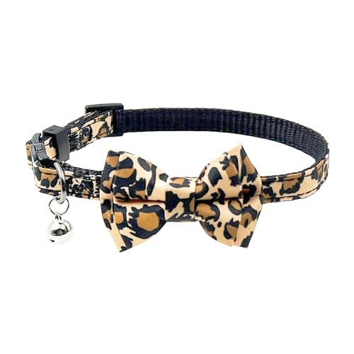 Olahibi Breakaway Katzenhalsband, sichere Öffnung, Schnellverschluss, abnehmbare Fliege, klare Glocke, für ausgewachsene Katzen (brauner Leopard) von Olahibi