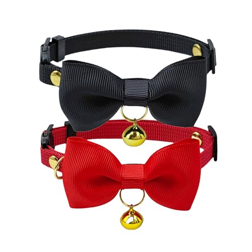 Olahibi Breakaway Katzenhalsband, sicherer Verschluss, handgefertigte Fliege, klare Glocke, Nylon-Material, für kleine Kätzchen, Katzen, 2 Stück (Schwarz + Rot) von Olahibi