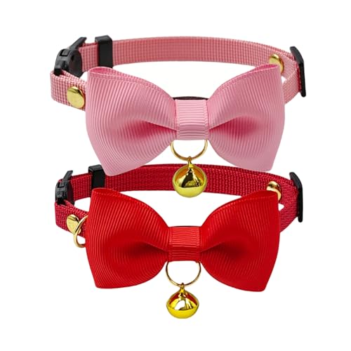 Olahibi Breakaway Katzenhalsband, sicherer Verschluss, handgefertigte Fliege, klare Glocke, Nylon-Material, für kleine Kätzchen, Katzen, Rot + Rosa, 2 Stück von Olahibi