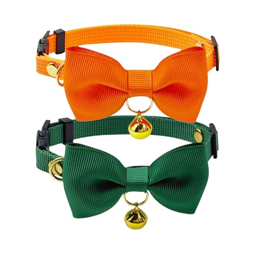 Olahibi Breakaway Katzenhalsband, sicherer Verschluss, handgefertigte Fliege, klare Glöckchen, Nylon-Material, für ausgewachsene Katzen, Grün + Orange, 2 Stück von Olahibi