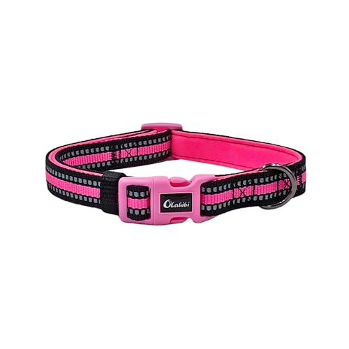 Olahibi Gepolstertes Neopren-Hundehalsband, strapazierfähiges Nylon-Material, reflektierende Streifen, weich und bequem für kleine Hunde (S, rosa Halsband) von Olahibi