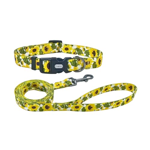 Olahibi Hundehalsband-Leinen-Set, Blumenmuster, 1,5 m, passende Leine, Polyester-Material, 4 für kleine, mittelgroße und große Hunde (Größe M, Sonnenblume) von Olahibi