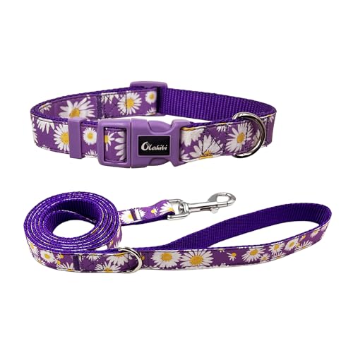 Olahibi Hundehalsband-Leinen-Set, Blumenmuster, Nylon-Gurtband und Baumwollband, 1,5 m passende Leine, für kleine Hunde (Größe S, Lila Gänseblümchen) von Olahibi