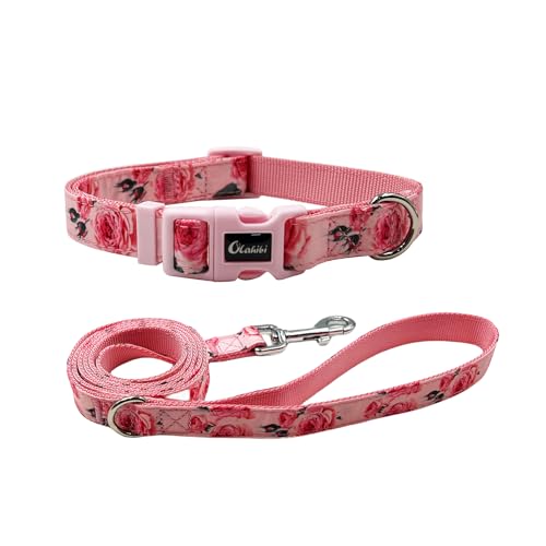 Olahibi Hundehalsband-Leinen-Set, Blumenmuster, Nylon-Gurtband und Baumwollband, 1,5 m passende Leine, für kleine Hunde (Größe S, Rosa Rose) von Olahibi