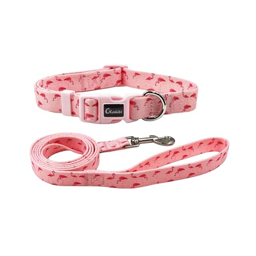 Olahibi Hundehalsband-Leinen-Set, Flamingo-Muster, Polyester-Material, verstellbares Halsband und passende 1,5 m lange Leine, für Welpen (XS, rosa Flamingo) von Olahibi