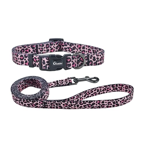 Olahibi Hundehalsband-Leinen-Set, Leopardenmuster, Polyester-Material, verstellbares Halsband und passende 1,5 m lange Leine, für kleine Hunde (Größe S, bunter Leopardenmuster) von Olahibi