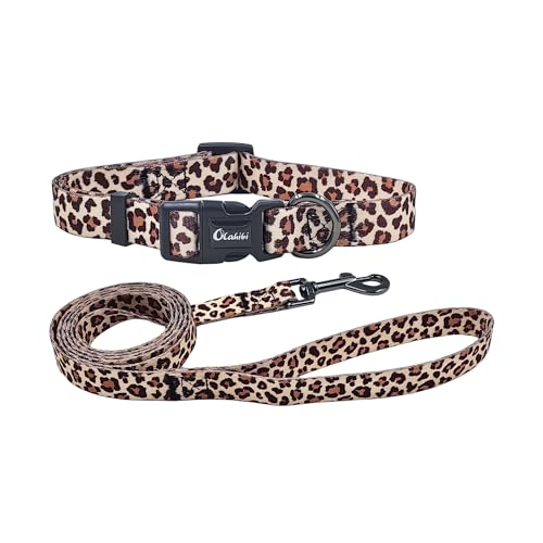 Olahibi Hundehalsband-Leinen-Set, Leopardenmuster, Polyester-Material, verstellbares Halsband und passende 1,5 m lange Leine, für mittelgroße Hunde (Größe M, Hellkaffeebraun) von Olahibi