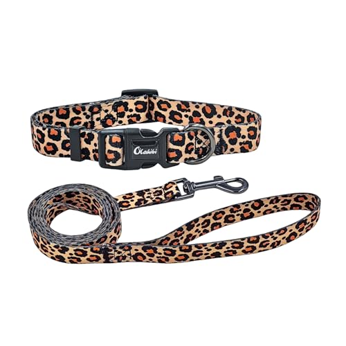 Olahibi Hundehalsband-Leinen-Set, Leopardenmuster, Polyester-Material, verstellbares Halsband und passende 1,5 m lange Leine, für mittelgroße Hunde (Größe M, gelber Leopard) von Olahibi